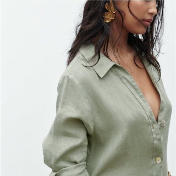 Zara 100% Linen Shirt Dress Long Sleeve Khaki Green Button Front - Picture 6 of 16